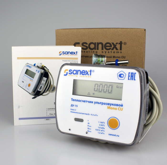 Теплосчетчик ультразвуковой SANEXT Mono CU Ду 15 мм 0,6 м3/ч обратный RS-485 (5773)