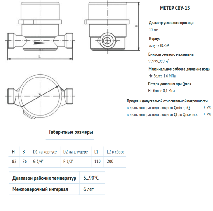 Счетчик воды универсальный METER "НЕВОД" СВУ-15 110мм